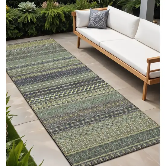 Sage Striped Washable Non Skid Indoor Outdoor Runner Rug Photo 1