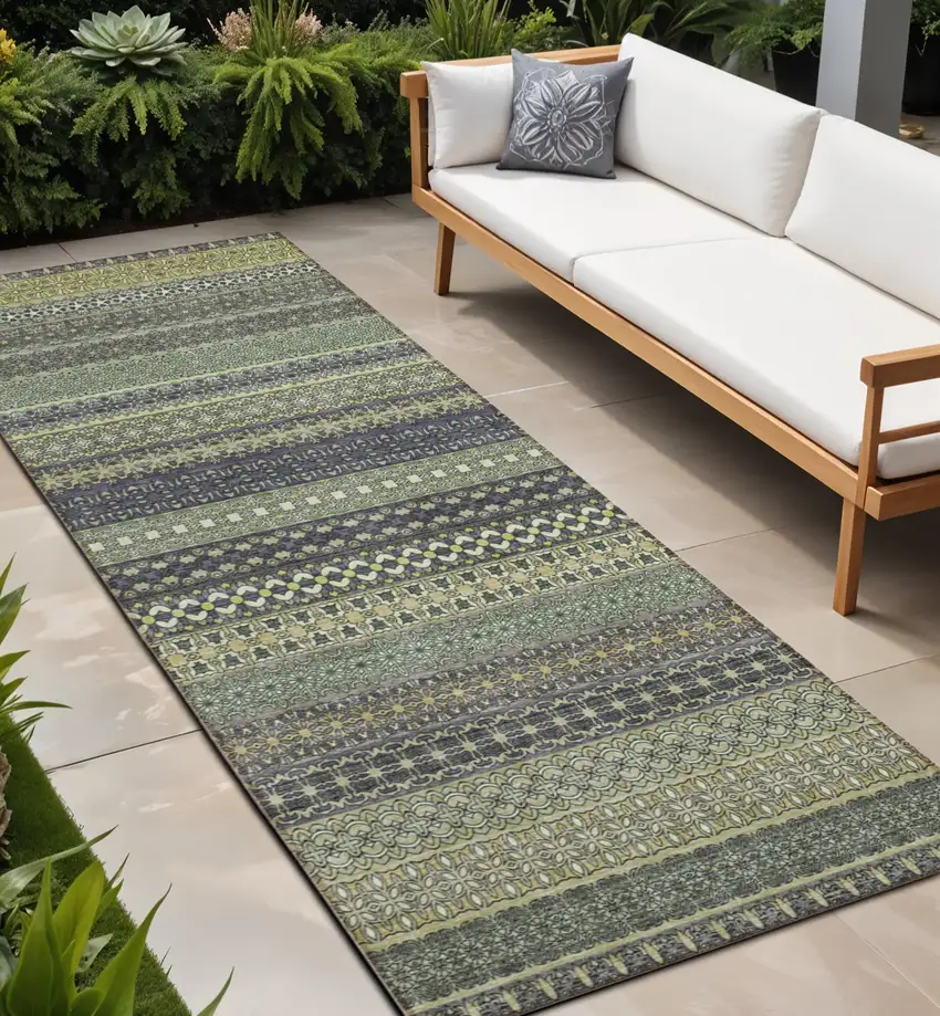 Sage Striped Washable Non Skid Indoor Outdoor Runner Rug Photo 1