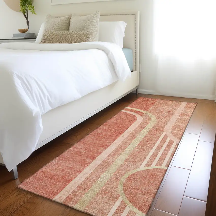 Salmon Abstract Washable Indoor Outdoor Runner Rug Photo 7