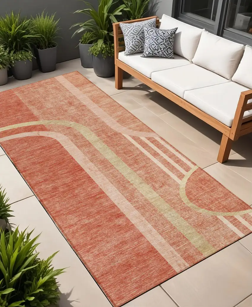 Salmon Abstract Washable Indoor Outdoor Runner Rug Photo 1