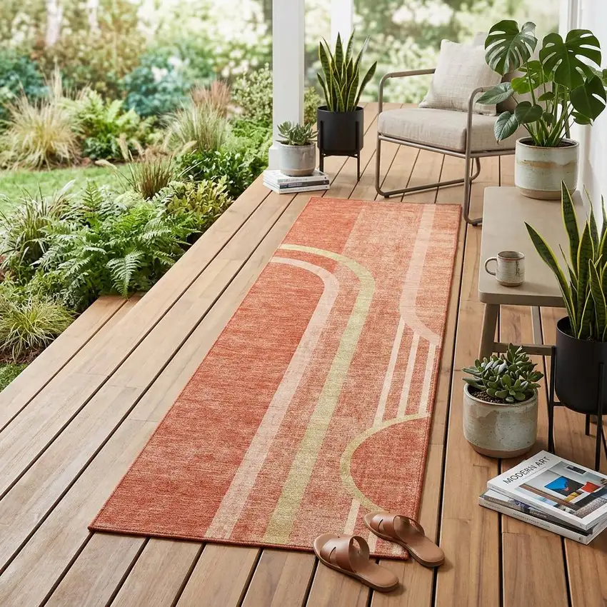 Salmon Abstract Washable Indoor Outdoor Runner Rug Photo 1