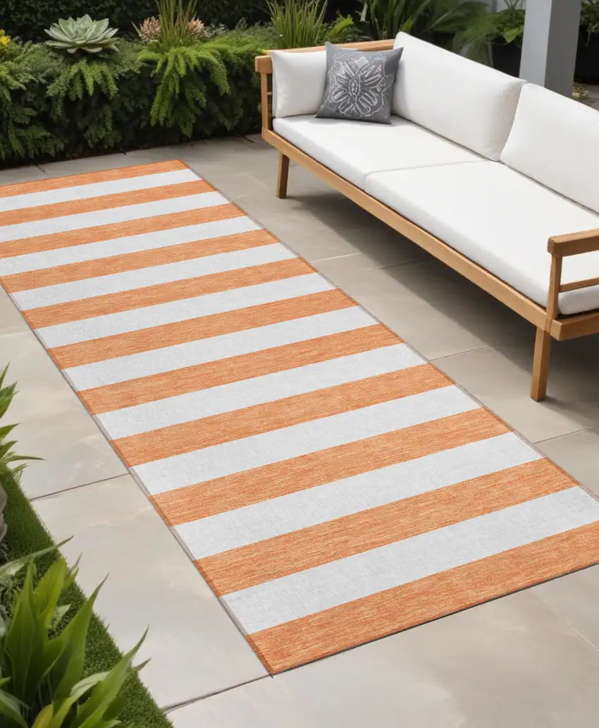 Salmon Striped Washable Indoor Outdoor Runner Rug Photo 1
