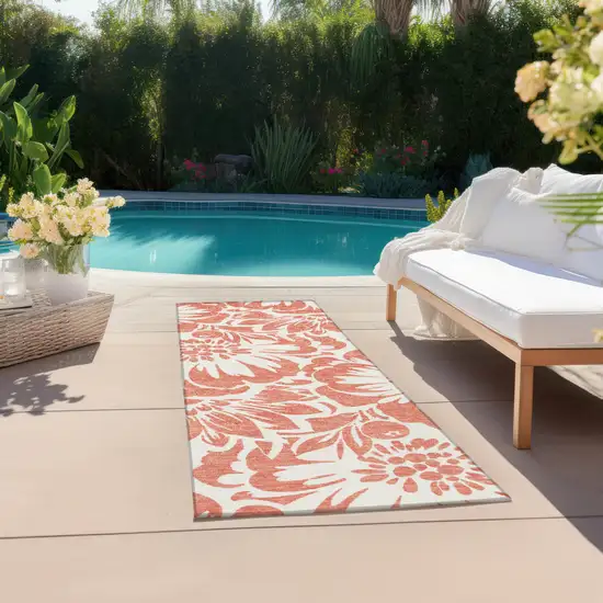 8' Runner Salmon and Ivory Floral Washable Non Skid Indoor Outdoor Runner Rug Photo 6