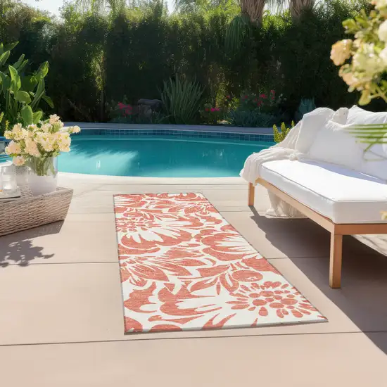8' Runner Salmon and Ivory Floral Washable Non Skid Indoor Outdoor Runner Rug Photo 6