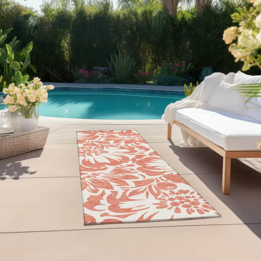 8' Runner Salmon and Ivory Floral Washable Non Skid Indoor Outdoor Runner Rug Photo 6