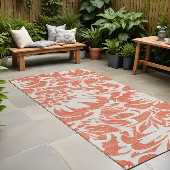 Salmon and Ivory Floral Washable Non Skid Indoor Outdoor Runner Rug Photo 1