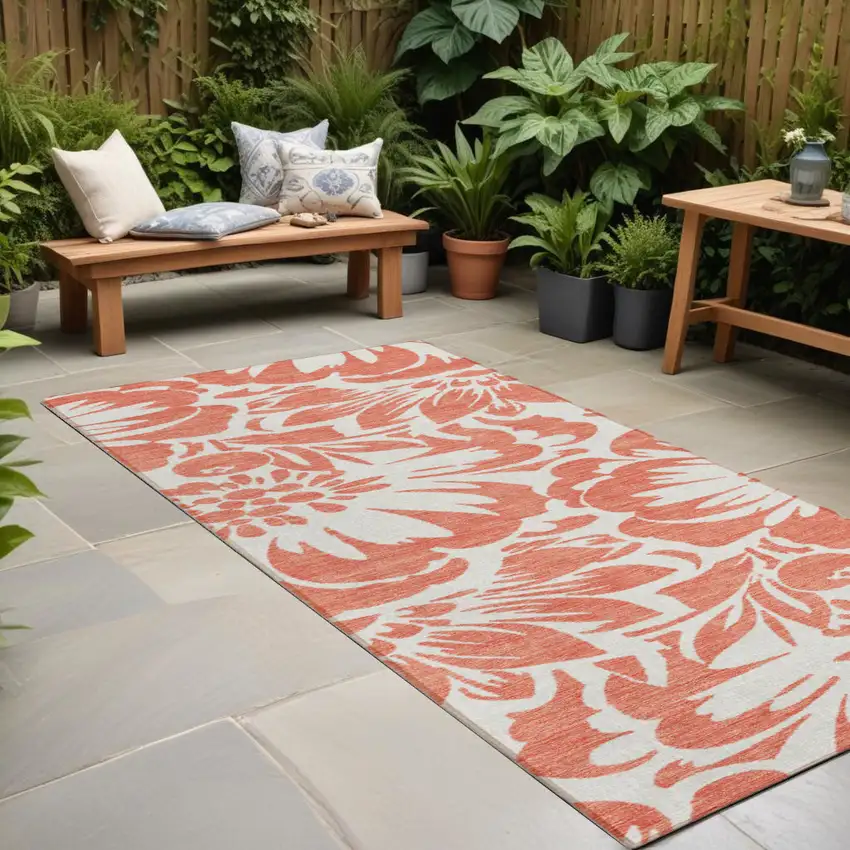Salmon and Ivory Floral Washable Non Skid Indoor Outdoor Runner Rug Photo 1