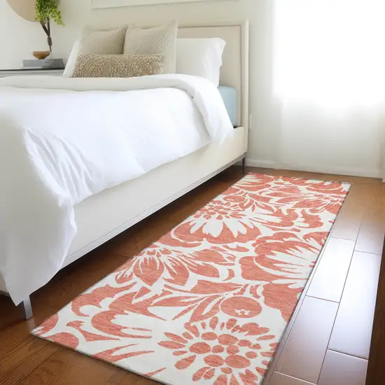 Salmon and Ivory Floral Washable Non Skid Indoor Outdoor Runner Rug Photo 7