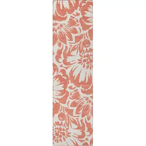 Photo of 8' Runner Salmon and Ivory Floral Washable Non Skid Indoor Outdoor Runner Rug