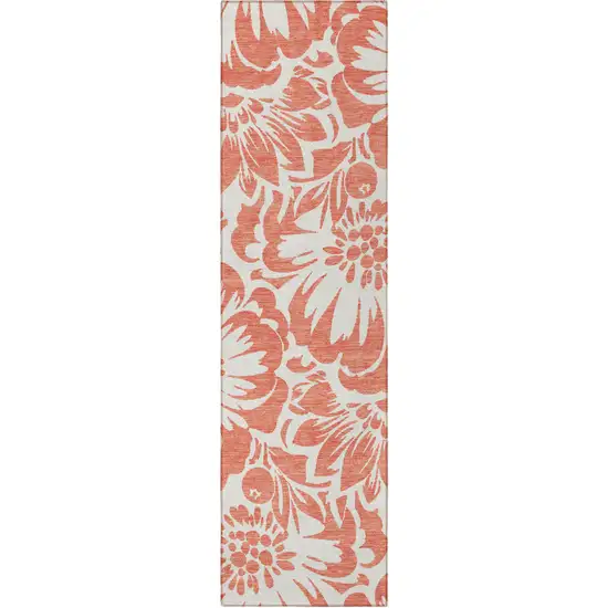 8' Runner Salmon and Ivory Floral Washable Non Skid Indoor Outdoor Runner Rug Photo 2