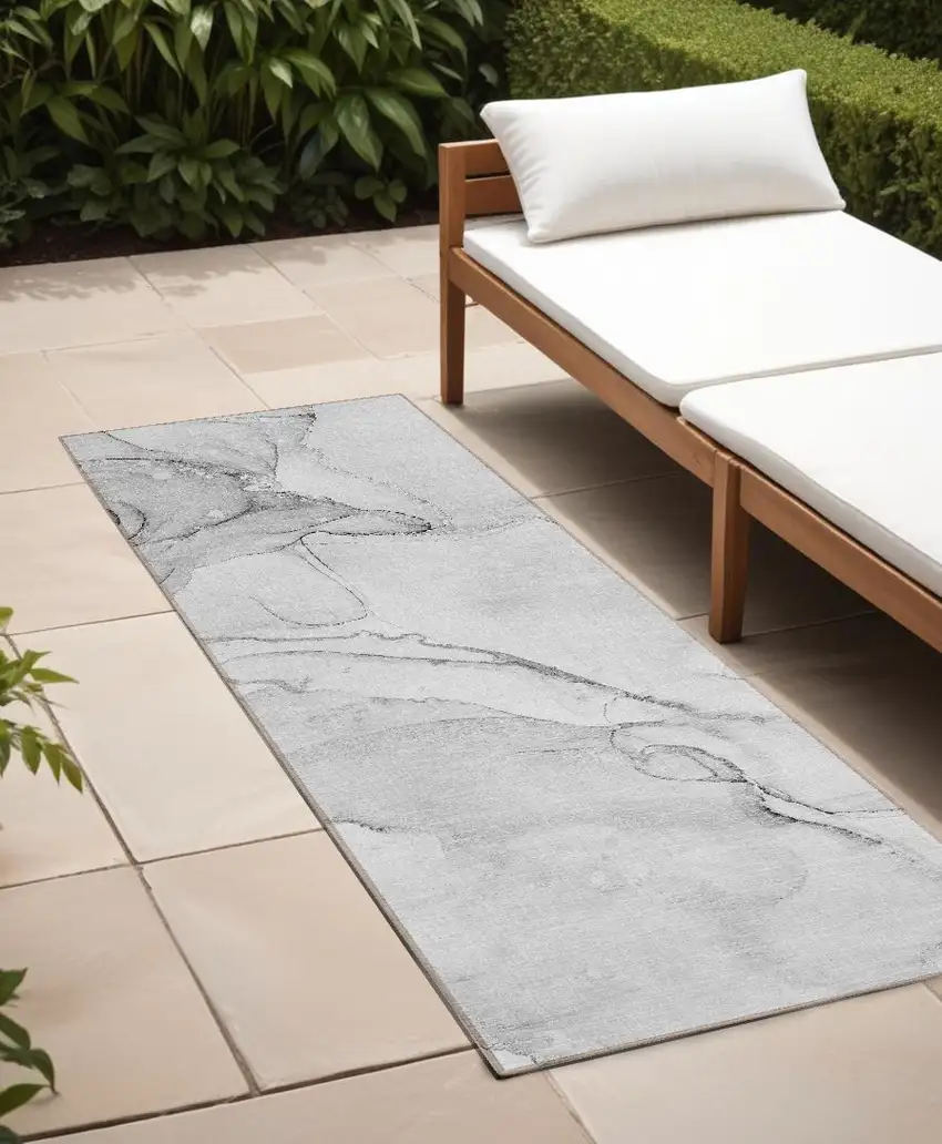Silver Abstract Washable Non Skid Indoor Outdoor Runner Rug Photo 1