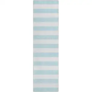 Photo of 8' Runner Sky Blue Striped Washable Non Skid Indoor Outdoor Runner Rug