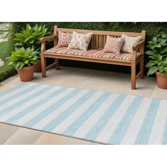 Sky Blue Striped Washable Non Skid Indoor Outdoor Runner Rug Photo 1