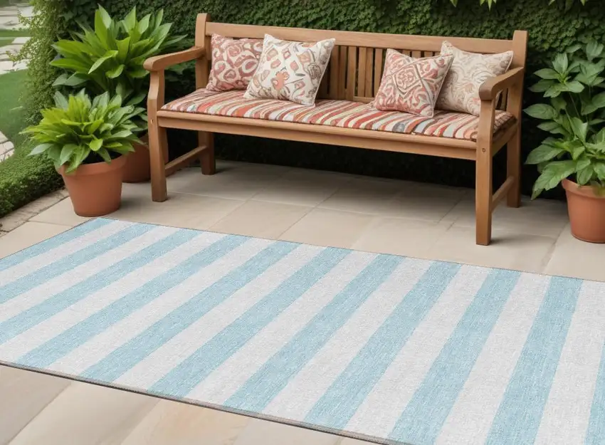 Sky Blue Striped Washable Non Skid Indoor Outdoor Runner Rug Photo 1