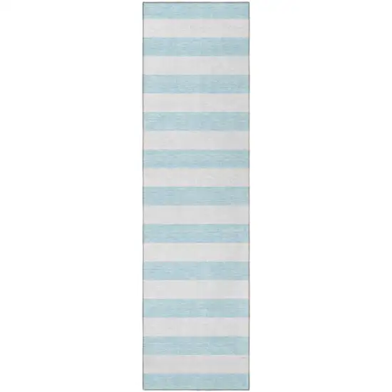 8' Runner Sky Blue Striped Washable Non Skid Indoor Outdoor Runner Rug Photo 5