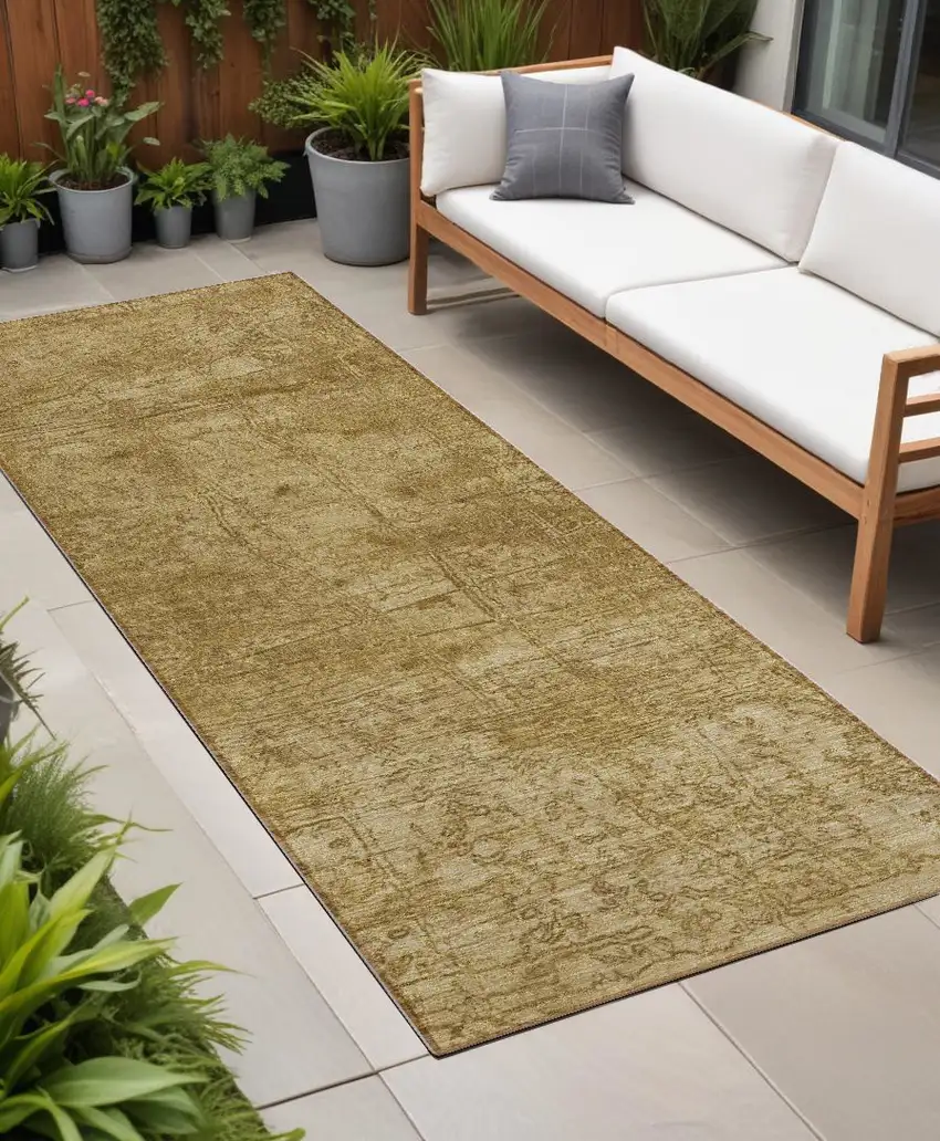 Tan Abstract Washable Non Skid Indoor Outdoor Runner Rug Photo 1
