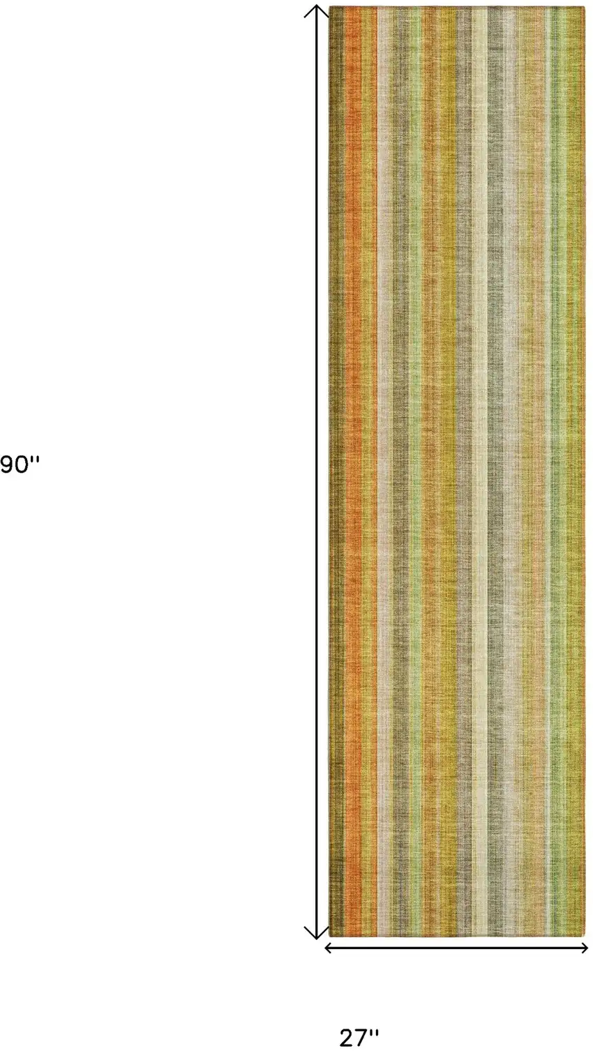 8' Runner Tan Orange and Green Striped Washable Non Skid Indoor Outdoor Runner Rug Photo 3