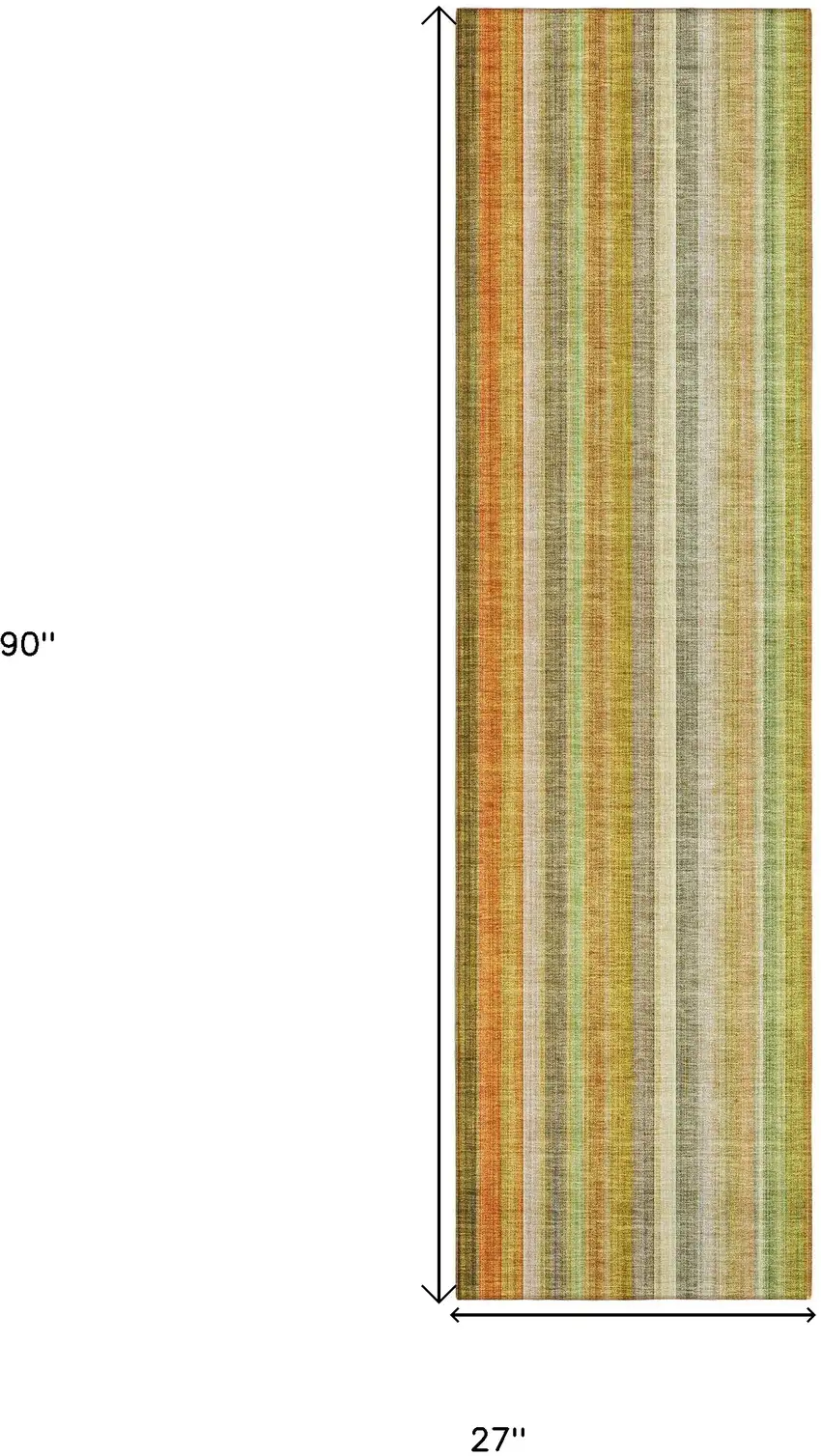 8' Runner Tan Orange and Green Striped Washable Non Skid Indoor Outdoor Runner Rug Photo 3