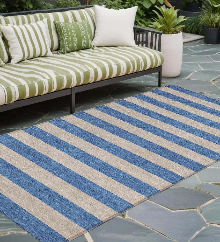 Tan Striped Washable Non Skid Indoor Outdoor Runner Rug Photo 1