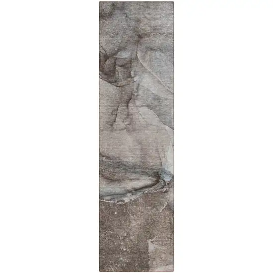 Taupe Abstract Washable Indoor Outdoor Runner Rug Photo 2