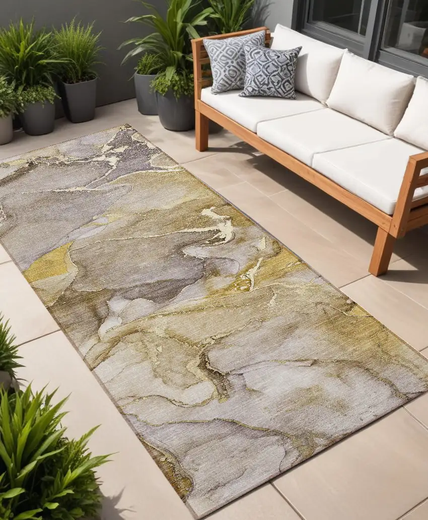 8' Runner Taupe Abstract Washable Non Skid Indoor Outdoor Runner Rug Photo 1