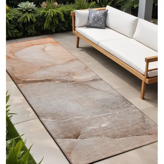 Taupe Abstract Washable Non Skid Indoor Outdoor Runner Rug Photo 1