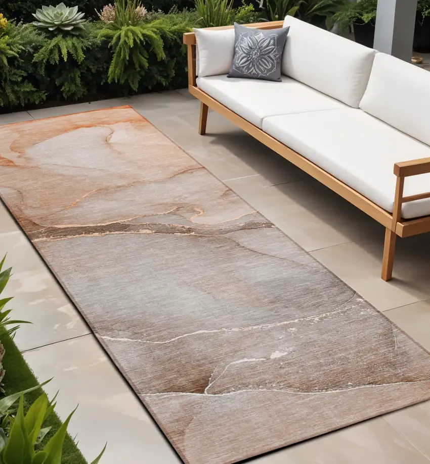Taupe Abstract Washable Non Skid Indoor Outdoor Runner Rug Photo 1