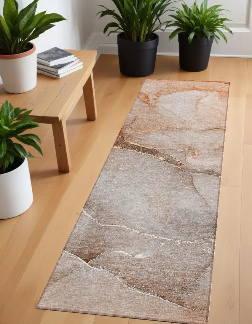 Taupe Abstract Washable Non Skid Indoor Outdoor Runner Rug Photo 1