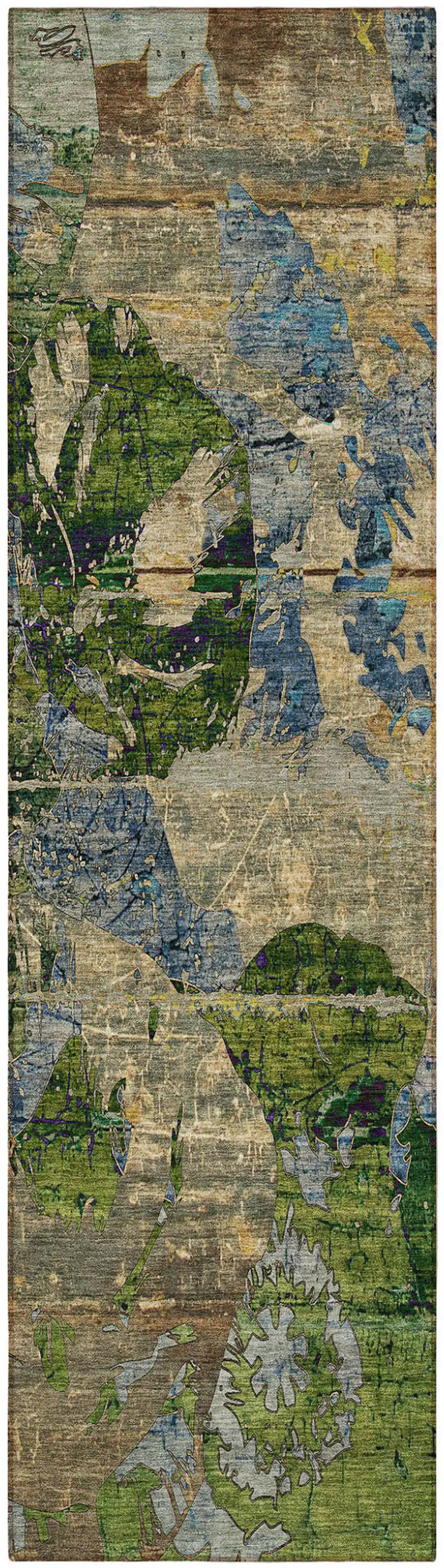 Taupe Blue and Green Floral Washable Non Skid Indoor Outdoor Runner Rug Photo 4