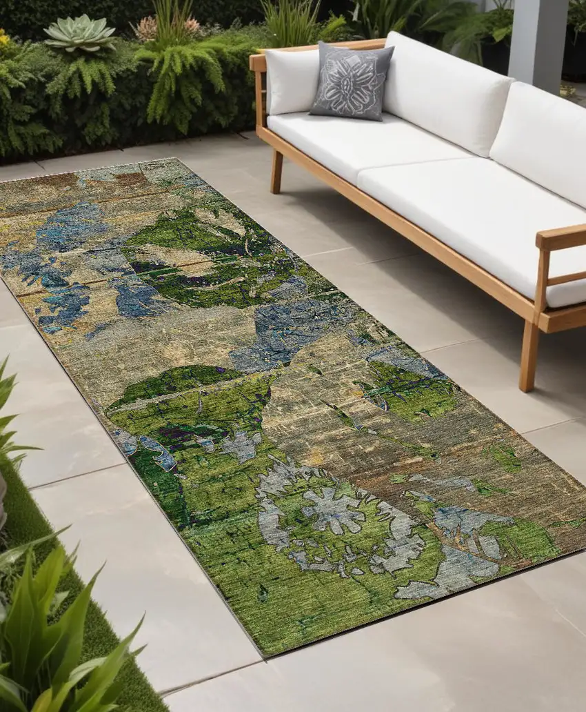 8' Runner Taupe Blue and Green Floral Washable Non Skid Indoor Outdoor Runner Rug Photo 1