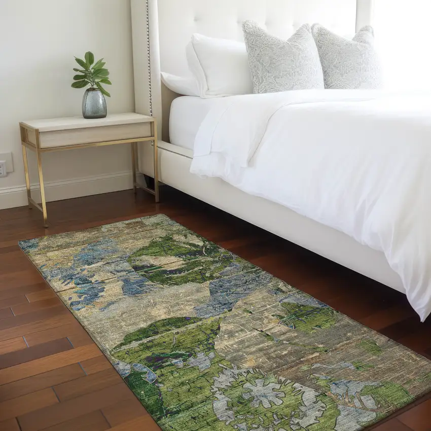 Taupe Blue and Green Floral Washable Non Skid Indoor Outdoor Runner Rug Photo 9