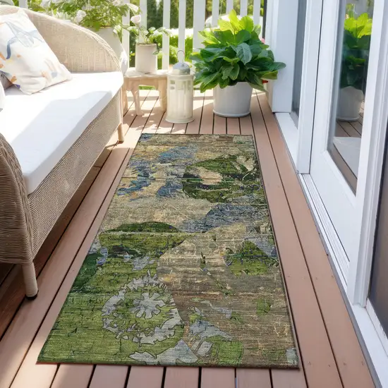 8' Runner Taupe Blue and Green Floral Washable Non Skid Indoor Outdoor Runner Rug Photo 9