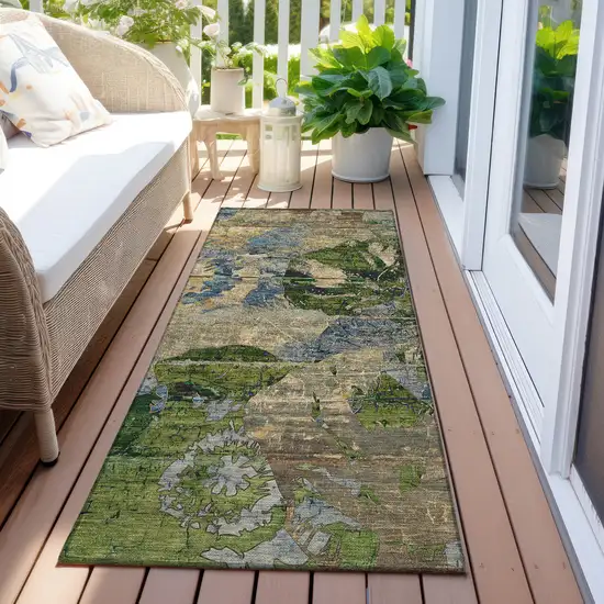 8' Runner Taupe Blue and Green Floral Washable Non Skid Indoor Outdoor Runner Rug Photo 9