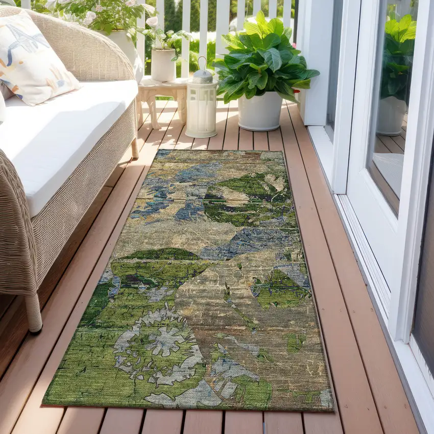 8' Runner Taupe Blue and Green Floral Washable Non Skid Indoor Outdoor Runner Rug Photo 9