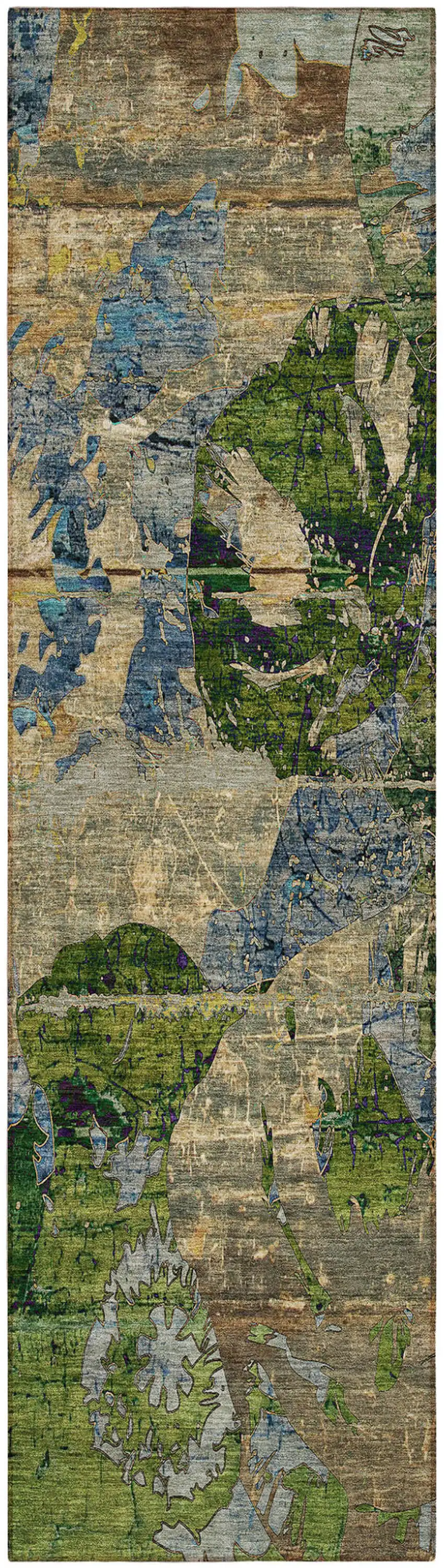 8' Runner Taupe Blue and Green Floral Washable Non Skid Indoor Outdoor Runner Rug Photo 2