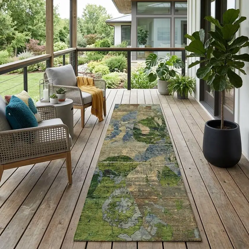 Taupe Blue and Green Floral Washable Non Skid Indoor Outdoor Runner Rug Photo 1