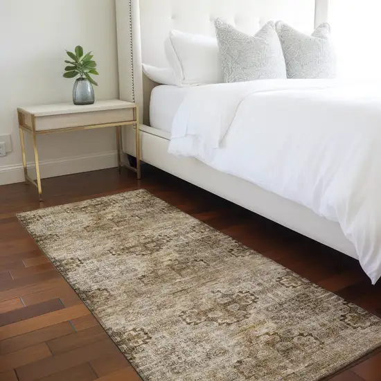 Taupe Floral Medallion Washable Non Skid Indoor Outdoor Runner Rug Photo 7