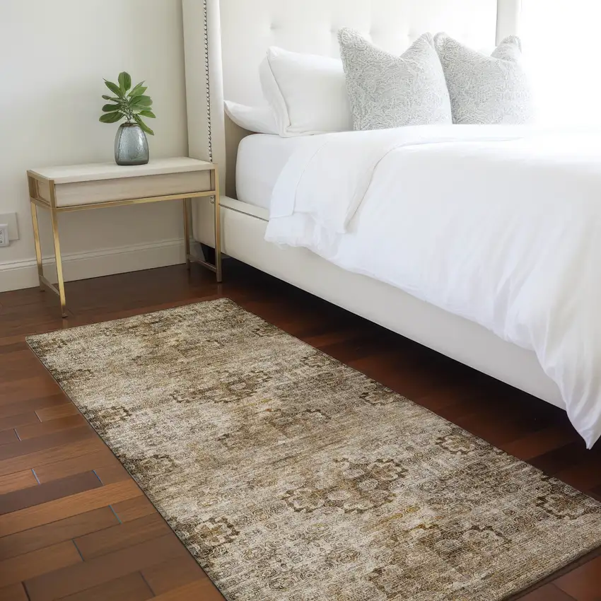 Taupe Floral Medallion Washable Non Skid Indoor Outdoor Runner Rug Photo 7