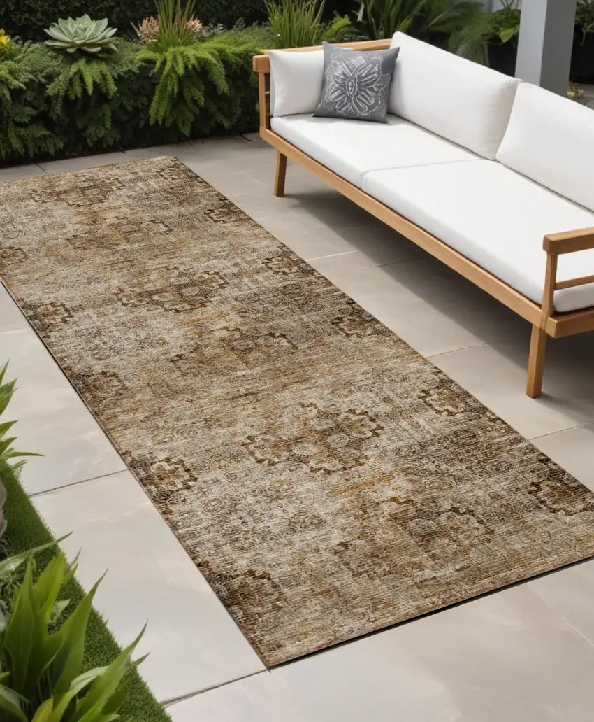 Taupe Floral Medallion Washable Non Skid Indoor Outdoor Runner Rug Photo 1