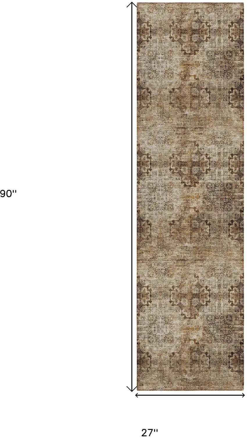 Taupe Floral Medallion Washable Non Skid Indoor Outdoor Runner Rug Photo 3