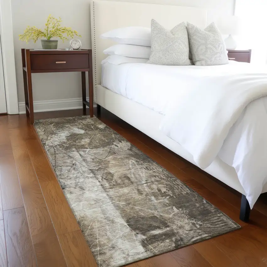 Taupe Floral Washable Non Skid Indoor Outdoor Runner Rug Photo 9