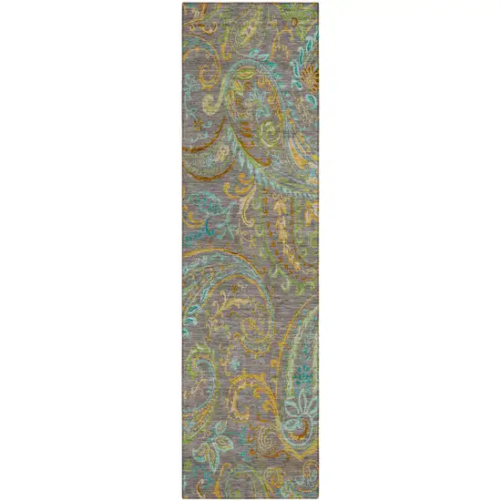 8' Runner Taupe Paisley Washable Non Skid Indoor Outdoor Runner Rug Photo 2