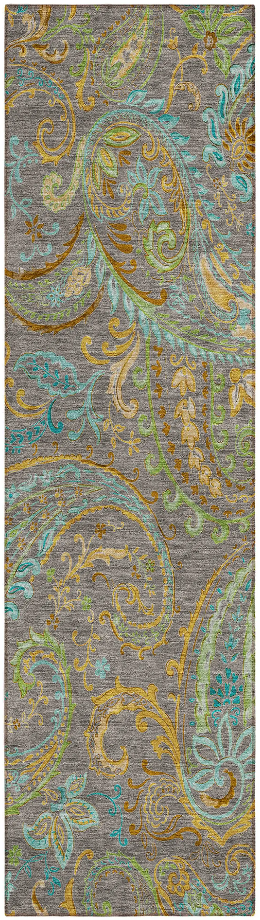 8' Runner Taupe Paisley Washable Non Skid Indoor Outdoor Runner Rug Photo 2