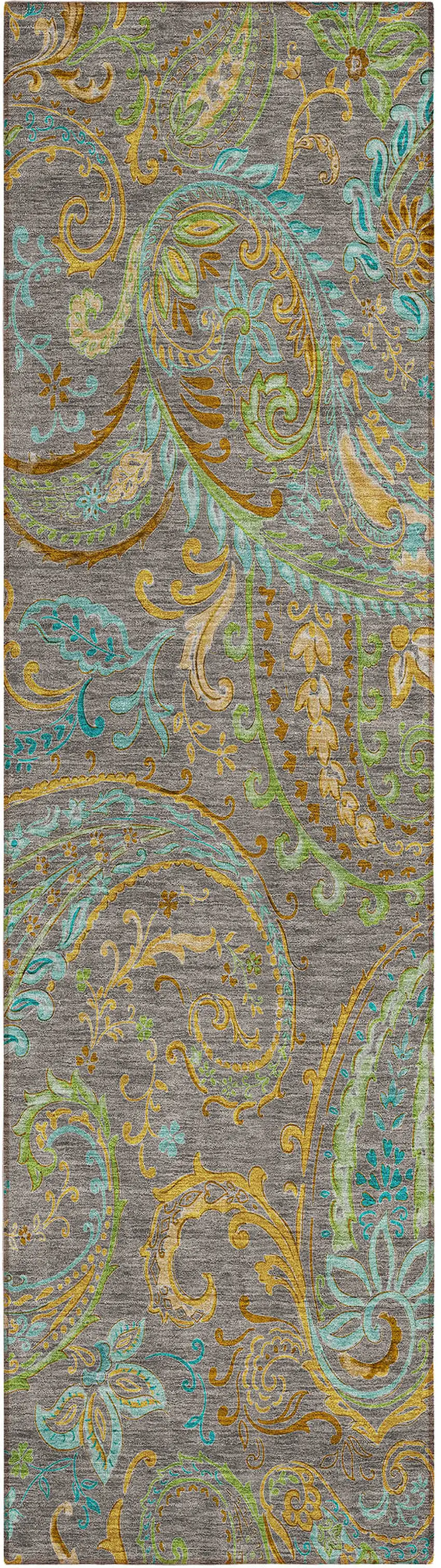 8' Runner Taupe Paisley Washable Non Skid Indoor Outdoor Runner Rug Photo 2