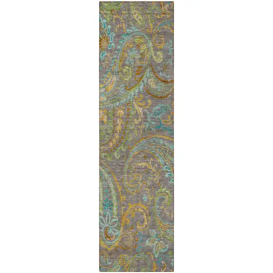 8' Runner Taupe Paisley Washable Non Skid Indoor Outdoor Runner Rug Photo 5