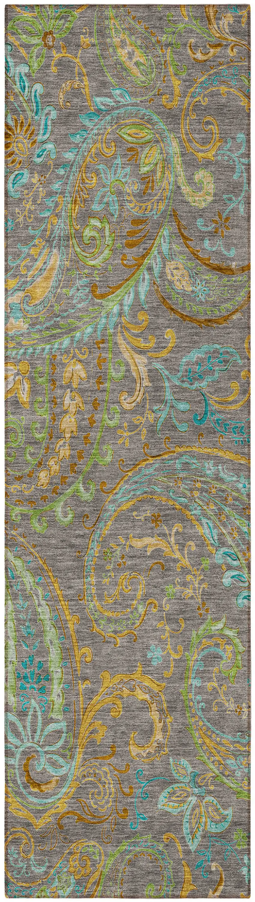 8' Runner Taupe Paisley Washable Non Skid Indoor Outdoor Runner Rug Photo 5