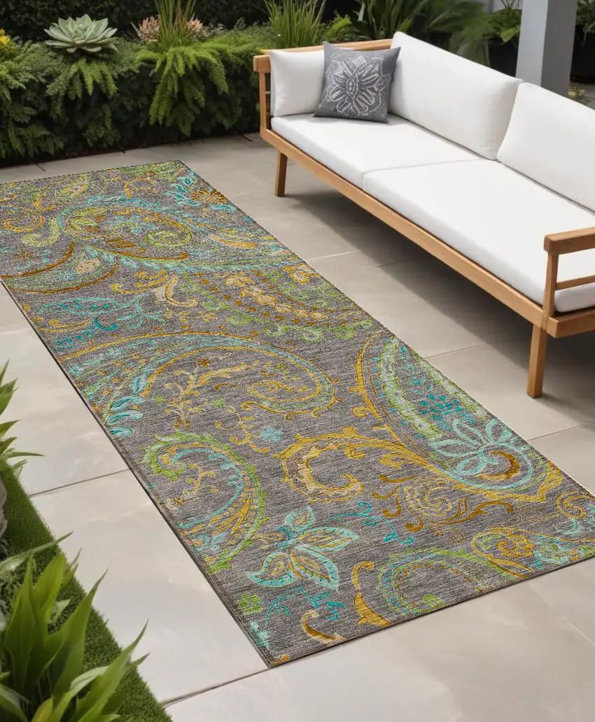 8' Runner Taupe Paisley Washable Non Skid Indoor Outdoor Runner Rug Photo 1