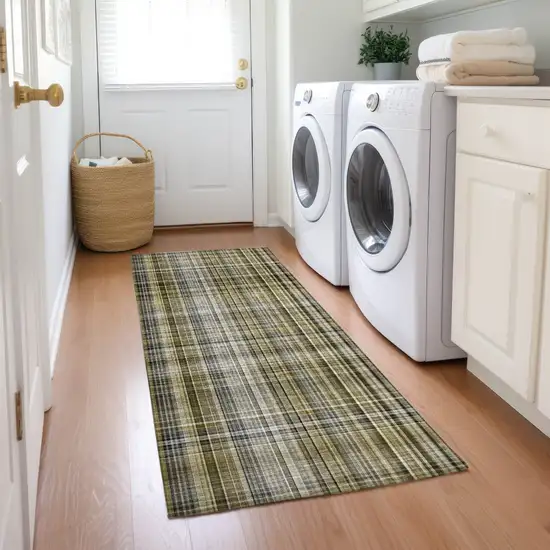 Green Beige and Gray Plaid Washable Non Skid Indoor Outdoor Area Rug Photo 7