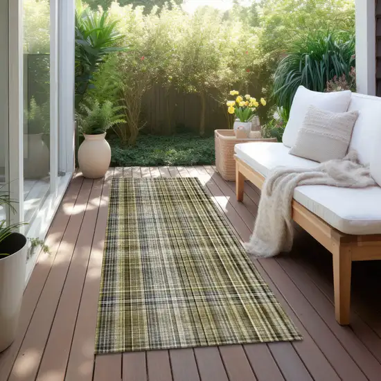 Green Beige and Gray Plaid Washable Non Skid Indoor Outdoor Area Rug Photo 6