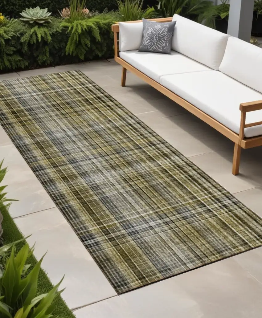 Green Beige and Gray Plaid Washable Non Skid Indoor Outdoor Area Rug Photo 1